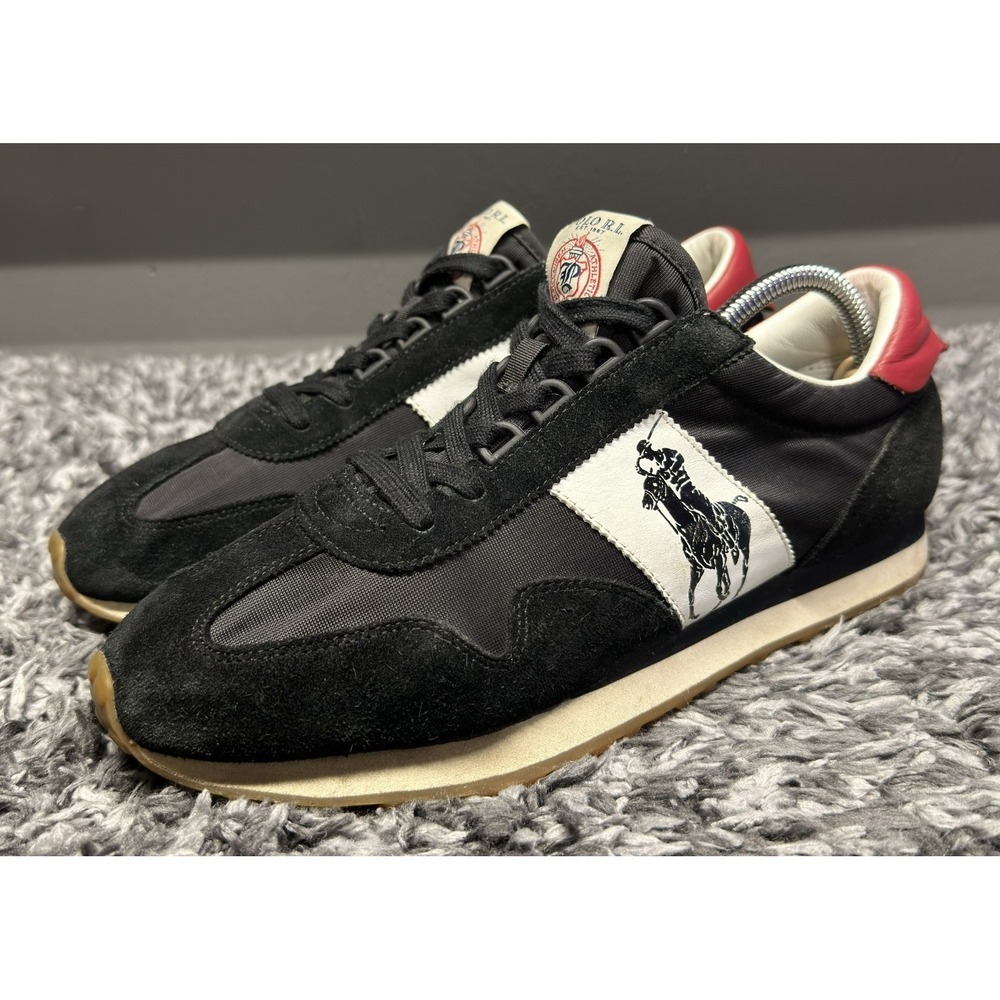 Polo Ralph Lauren Shoes Sneakers Mens 9.5 Black White Suede Train 90 Pony Logo